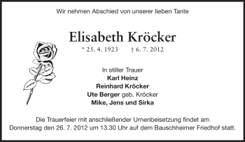 Traueranzeige von Elisabeth Kröcker von Rüsselsheimer Echo, Groß-Gerauer-Echo, Ried Echo