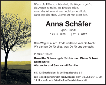 Traueranzeige von Anna Schäfer von Odenwälder Echo
