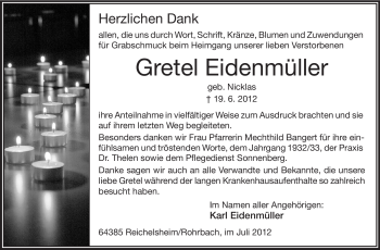 Traueranzeige von Gretel Eidenmüller von Odenwälder Echo