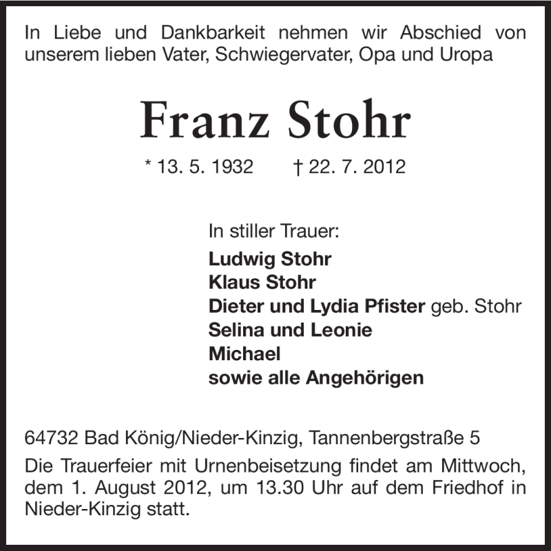  Traueranzeige für Franz Stohr vom 28.07.2012 aus Odenwälder Echo