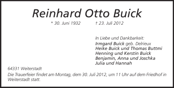 Traueranzeige von Reinhard Otto Buick von Echo-Zeitungen (Gesamtausgabe)