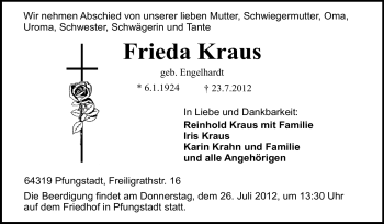 Traueranzeige von Frieda Kraus von Echo-Zeitungen (Gesamtausgabe)