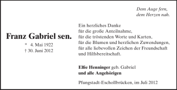 Traueranzeige von Franz Gabriel von Echo-Zeitungen (Gesamtausgabe)