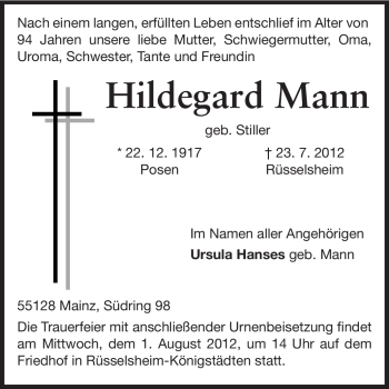 Traueranzeige von Hildegard Mann von Rüsselsheimer Echo, Groß-Gerauer-Echo, Ried Echo