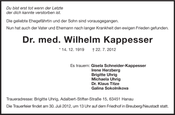 Traueranzeige von Wilhelm Kappesser von Echo-Zeitungen (Gesamtausgabe)