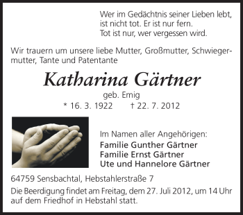 Traueranzeige von Katharina Gärtner von Odenwälder Echo