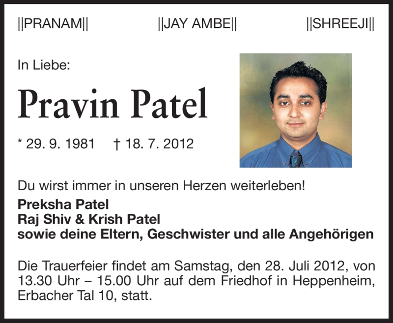  Traueranzeige für Pravin Patel vom 26.07.2012 aus Starkenburger Echo
