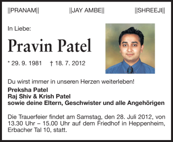Traueranzeige von Pravin Patel von Starkenburger Echo