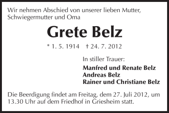 Traueranzeige von Grete Belz von Echo-Zeitungen (Gesamtausgabe)