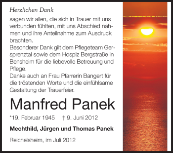Traueranzeige von Manfred Panek von Odenwälder Echo