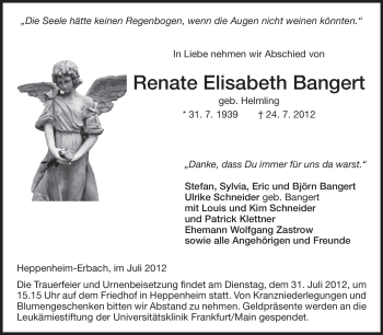 Traueranzeige von Renate Elisabeth Bangert von Starkenburger Echo