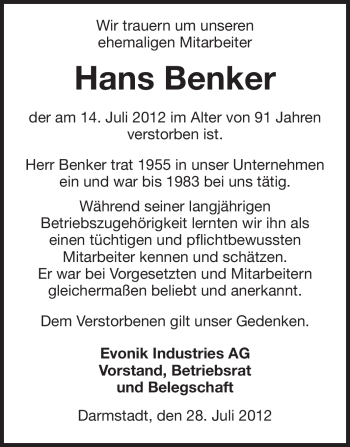 Traueranzeige von Hans Benker von Echo-Zeitungen (Gesamtausgabe)