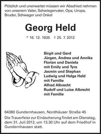 Traueranzeige von Georg Held von Echo-Zeitungen (Gesamtausgabe)