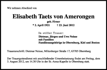 Traueranzeige von Elisabeth Taets von Amerongen von Darmstädter Echo, Odenwälder Echo, Rüsselsheimer Echo, Groß-Gerauer-Echo, Ried Echo