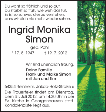 Traueranzeige von Ingrid Monika Simon von Echo-Zeitungen (Gesamtausgabe)