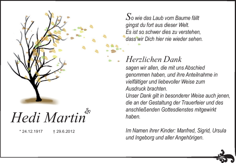  Traueranzeige für Hedi Martin vom 28.07.2012 aus Starkenburger Echo