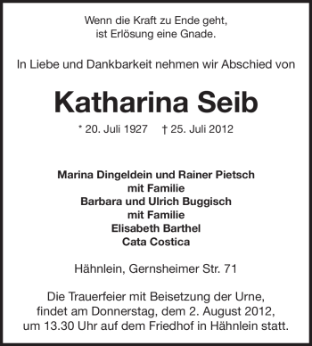 Traueranzeige von Katharina Seib von Echo-Zeitungen (Gesamtausgabe)