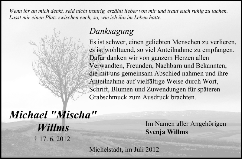  Traueranzeige für Michael Willms vom 28.07.2012 aus Odenwälder Echo