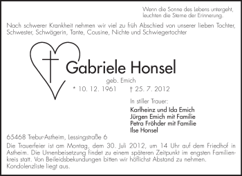 Traueranzeige von Gabriele Honsel von Rüsselsheimer Echo, Groß-Gerauer-Echo, Ried Echo