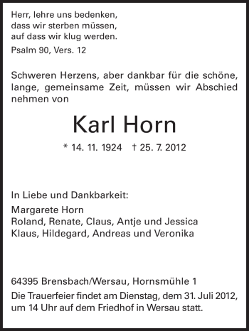 Traueranzeige von Karl Horn von Odenwälder Echo