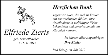 Traueranzeige von Elfriede Zieris von Odenwälder Echo