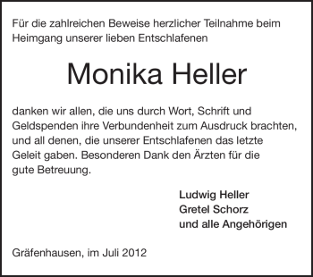 Traueranzeige von Monika Heller von Echo-Zeitungen (Gesamtausgabe)