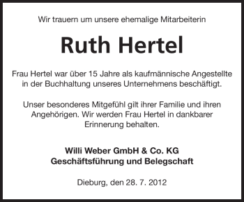 Traueranzeige von Ruth Hertel von Odenwälder Echo