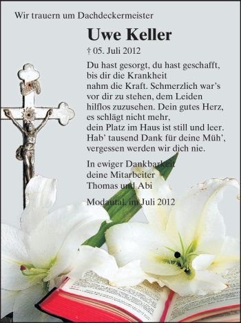Traueranzeige von Uwe Keller von Echo-Zeitungen (Gesamtausgabe)