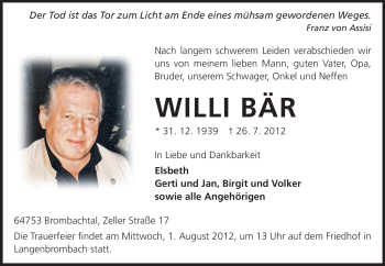 Traueranzeige von Willi Bär von Echo-Zeitungen (Gesamtausgabe)