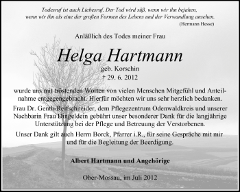 Traueranzeige von Helga Hartmann von Odenwälder Echo