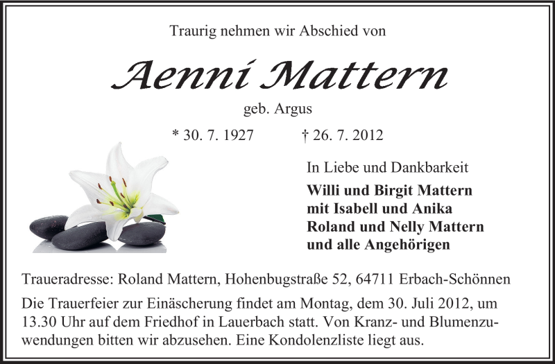  Traueranzeige für Aenni Mattern vom 28.07.2012 aus Odenwälder Echo