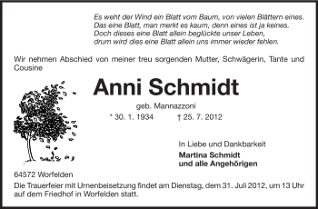 Traueranzeige von Anni Schmidt von Rüsselsheimer Echo, Groß-Gerauer-Echo, Ried Echo