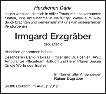 Traueranzeige von Irmgard Erzgräber von Echo-Zeitungen (Gesamtausgabe)