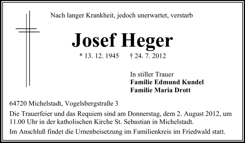  Traueranzeige für Josef Heger vom 28.07.2012 aus Odenwälder Echo
