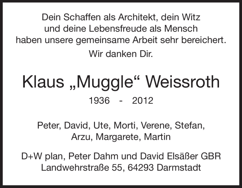  Traueranzeige für Klaus Weissroth vom 28.07.2012 aus Echo-Zeitungen (Gesamtausgabe)