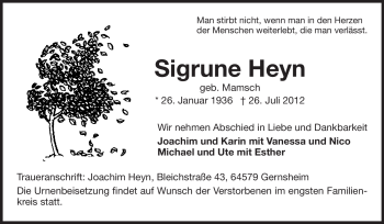 Traueranzeige von Sigrune Heyn von Starkenburger Echo