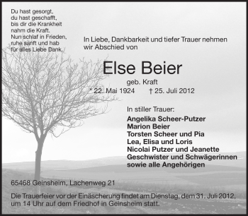 Traueranzeige von Else Beier von Rüsselsheimer Echo, Groß-Gerauer-Echo, Ried Echo