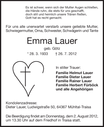 Traueranzeige von Emma Lauer von Echo-Zeitungen (Gesamtausgabe)