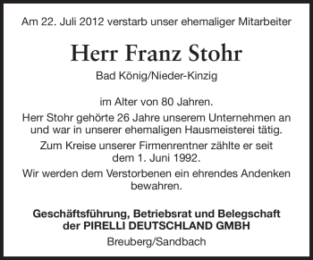 Traueranzeige von Franz Stohr von Odenwälder Echo