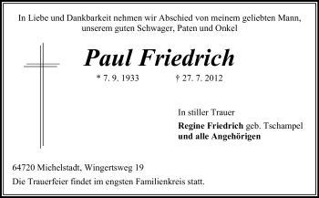 Traueranzeige von Paul Friedrich von Odenwälder Echo