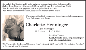 Traueranzeige von Charlotte Henninger von Rüsselsheimer Echo, Groß-Gerauer-Echo, Ried Echo