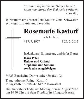 Traueranzeige von Rosemarie Kastorf von Echo-Zeitungen (Gesamtausgabe)