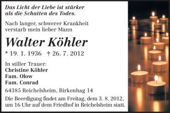 Traueranzeige von Walter Köhler  von Odenwälder Echo