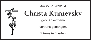 Traueranzeige von Christa Kurnevsky von Darmstädter Echo, Odenwälder Echo, Rüsselsheimer Echo, Groß-Gerauer-Echo, Ried Echo