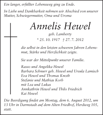 Traueranzeige von Annelis Hewel von Darmstädter Echo, Odenwälder Echo, Rüsselsheimer Echo, Groß-Gerauer-Echo, Ried Echo
