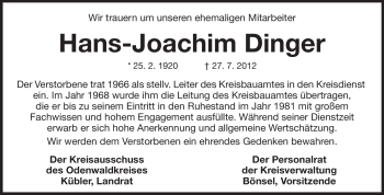 Traueranzeige von Hans-Joachim Dinger von Odenwälder Echo