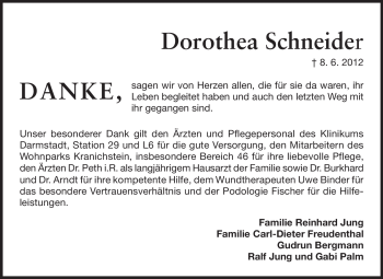 Traueranzeige von Dorothea Schneider von Darmstädter Echo, Odenwälder Echo, Rüsselsheimer Echo, Groß-Gerauer-Echo, Ried Echo