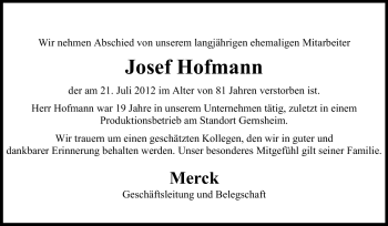 Traueranzeige von Josef Hofmann von Rüsselsheimer Echo, Groß-Gerauer-Echo, Ried Echo