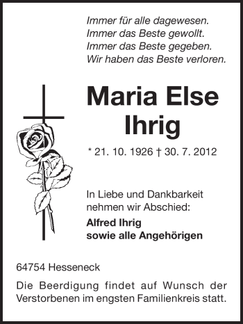 Traueranzeige von Maria Else Ihrig von Odenwälder Echo