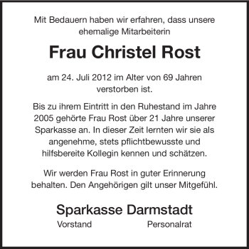 Traueranzeige von Christel Rost von Echo-Zeitungen (Gesamtausgabe)